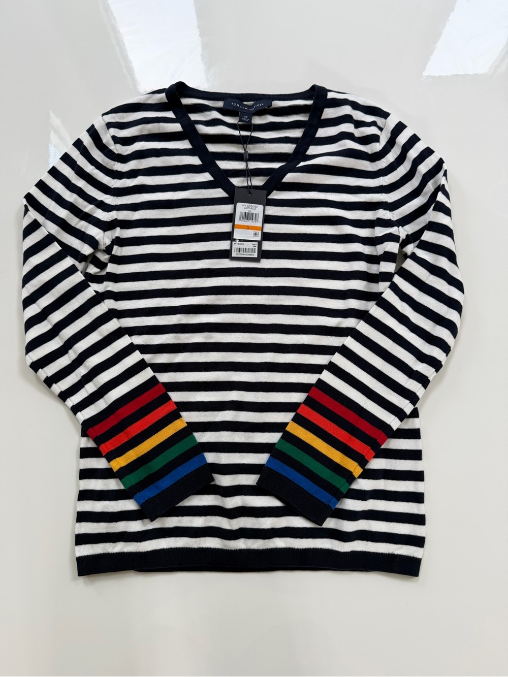 Tommy Hilfiger Stripe V-Neck Sweater with Rainbow Cuff sweater size S NWT